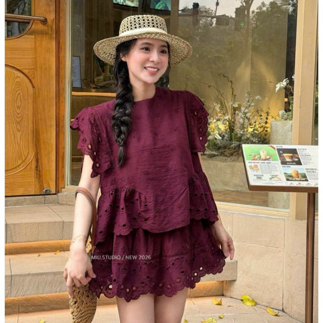 “Betti Set” Set váy thô ren đục lỗ cao cấp - Áo peplum sát nách phối bèo nhún kèm chân váy xoè style vintage sang chảnh