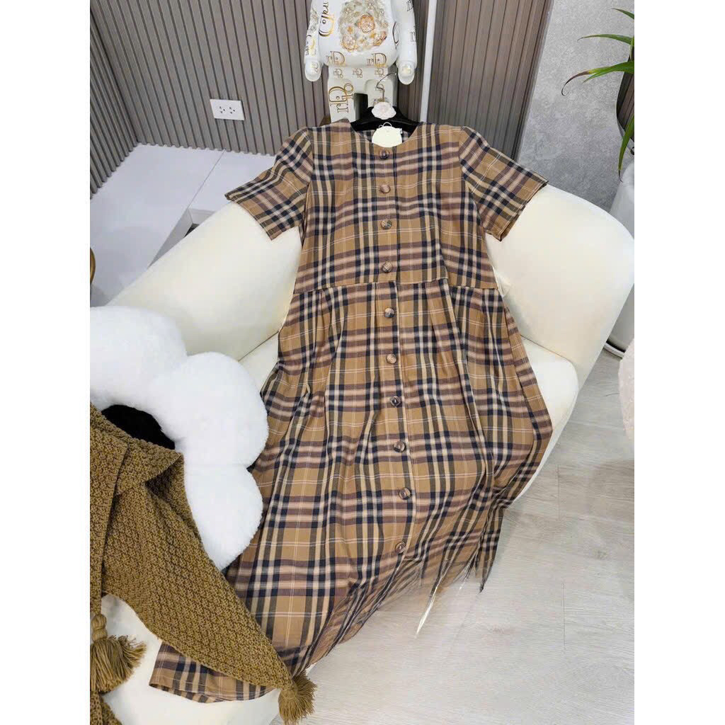 Váy bầu Babydoll kẻ caro thiết kế nút cài tiện lợi cho mặc đi tiệc công sở dáng dài suông thời trang