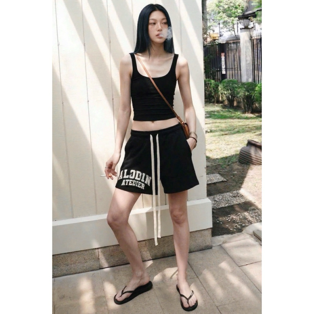 [DEAL MỞ BÁN] ALODIN.atedier | Quần short nỉ 2 da In Lụa chữ sước cao cấp 2 lớp lót lưới form trên gối  Nam Nữ  Menswear