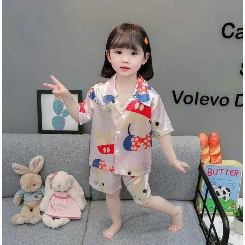 Bộ Ngủ Pijama Quần Đùi Áo Cộc Tay Cho Bé Gái 9-35kg Chất Vải Lụa Mềm Mịn Thoáng Mát