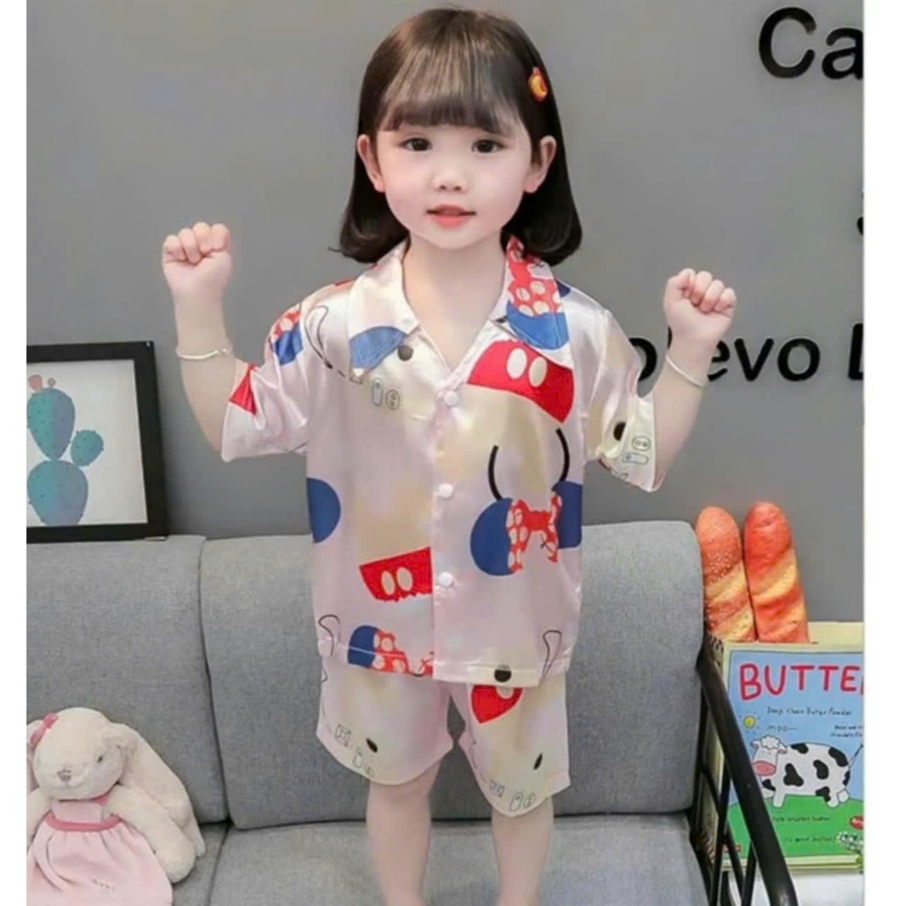 Bộ Ngủ Pijama Quần Đùi Áo Cộc Tay Cho Bé Gái 9-35kg Chất Vải Lụa Mềm Mịn Thoáng Mát