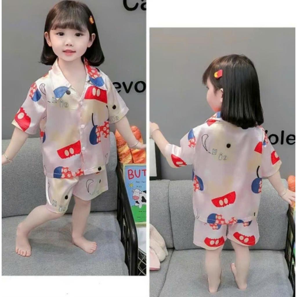 Bộ Ngủ Pijama Quần Đùi Áo Cộc Tay Cho Bé Gái 9-35kg Chất Vải Lụa Mềm Mịn Thoáng Mát