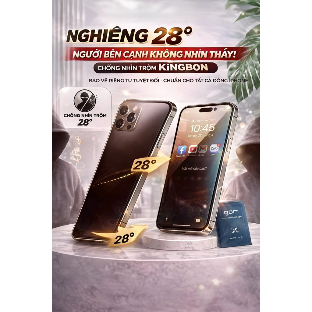 Kính Cường Lực iPhone Gor KiNGBON MA-89 Chống Nhìn Trộm 28 Độ FULL Màn Không Viền Đen