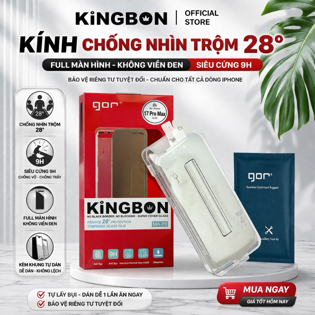 Kính Cường Lực iPhone Gor KiNGBON MA-89 Chống Nhìn Trộm 28 Độ FULL Màn Không Viền Đen
