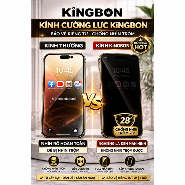 Kính Cường Lực iPhone Gor KiNGBON MA-89 Chống Nhìn Trộm 28 Độ FULL Màn Không Viền Đen