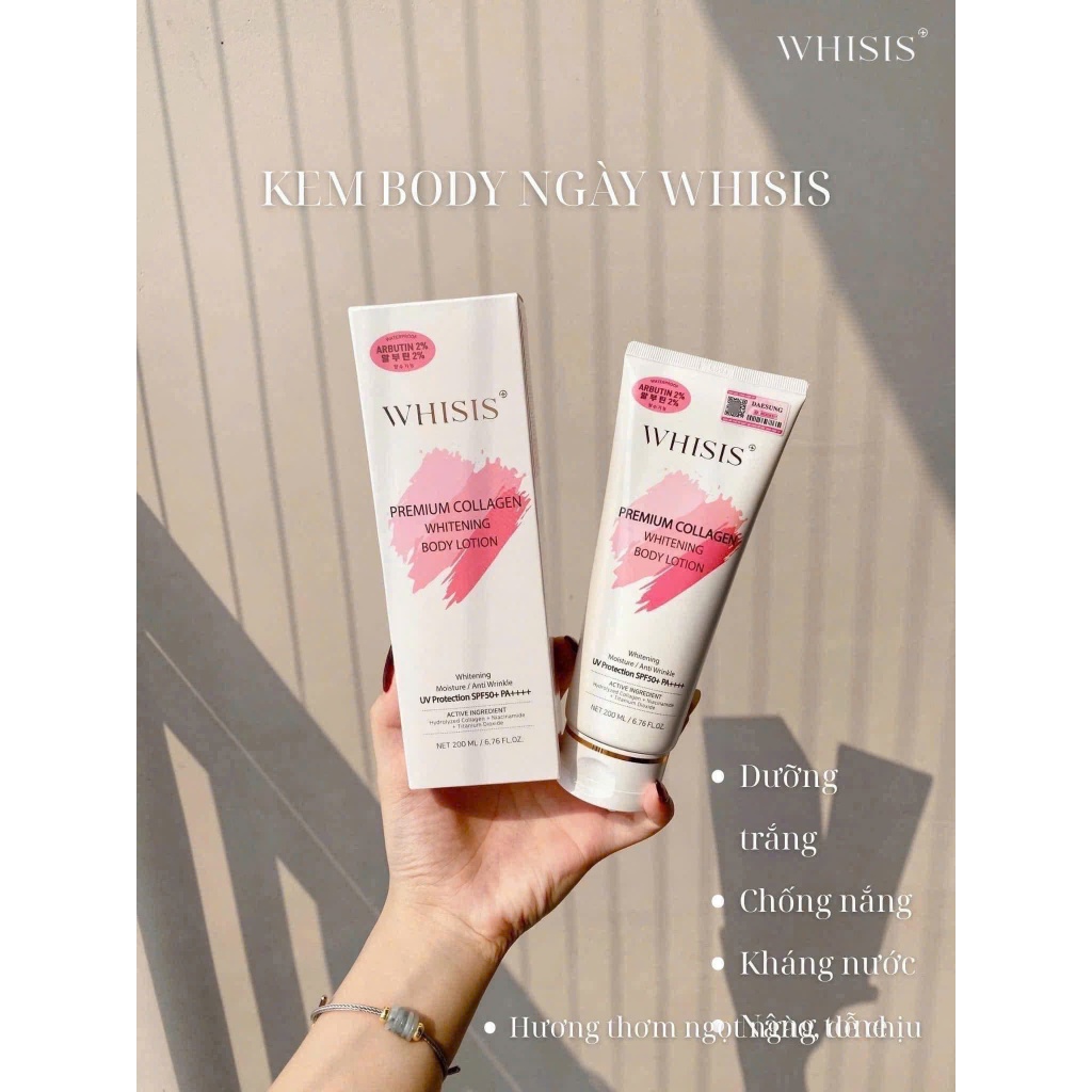 Kem Body WHISIS Trắng Da Chống Nắng Nâng Tone Trắng Hồng Rạng Rỡ Whitening Body Lotion 200ml