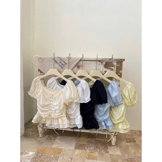 Áo Trễ Vai Cổ Vuông Phối Dây Đan Rút Trước Áo Tay Bồng Lưng Chun Co Giãn Hàng Quảng Châu.