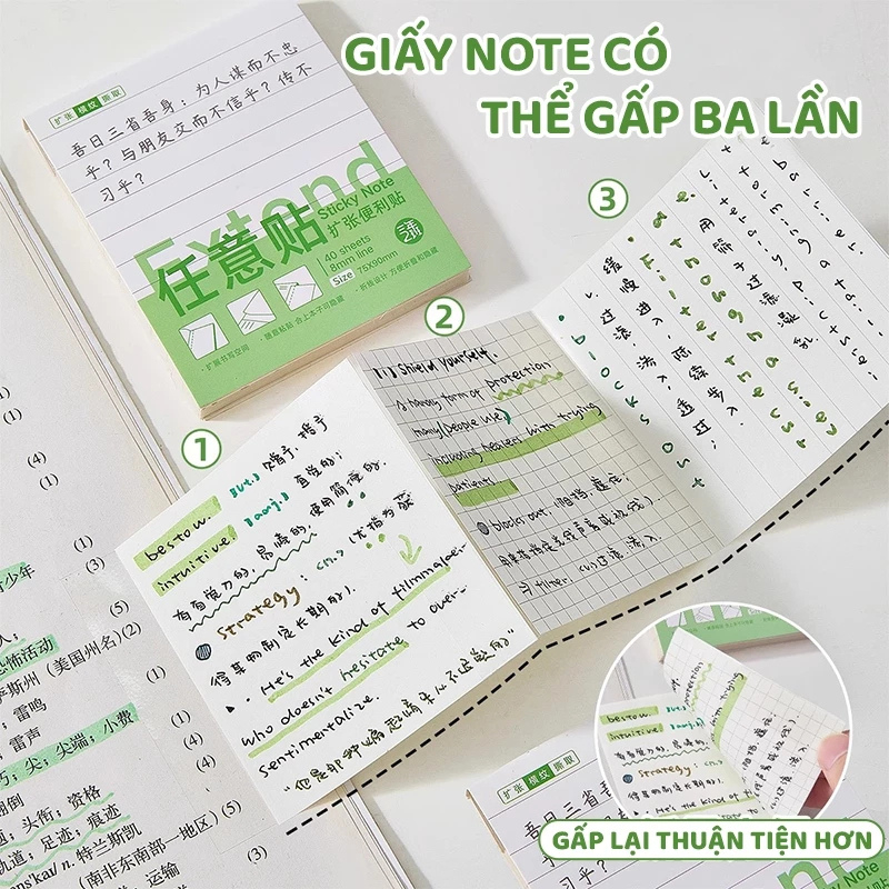 Giấy Note Ghi Chú 40 Tờ 7.5x9cm , Sticky Note Gập Mở Dán Đè Không Che Chữ , Dùng Học Tập Tiện Lợi cho Học SInh