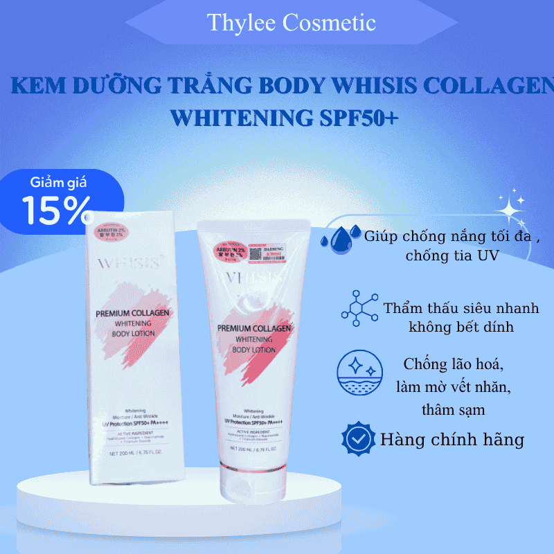 Kem Body Dưỡng Trắng Da Chống Nắng Nâng Tone Tức Thì WHISIS Premium Collagen Whitening Body Lotion 200ml SPF50+ PA++++.