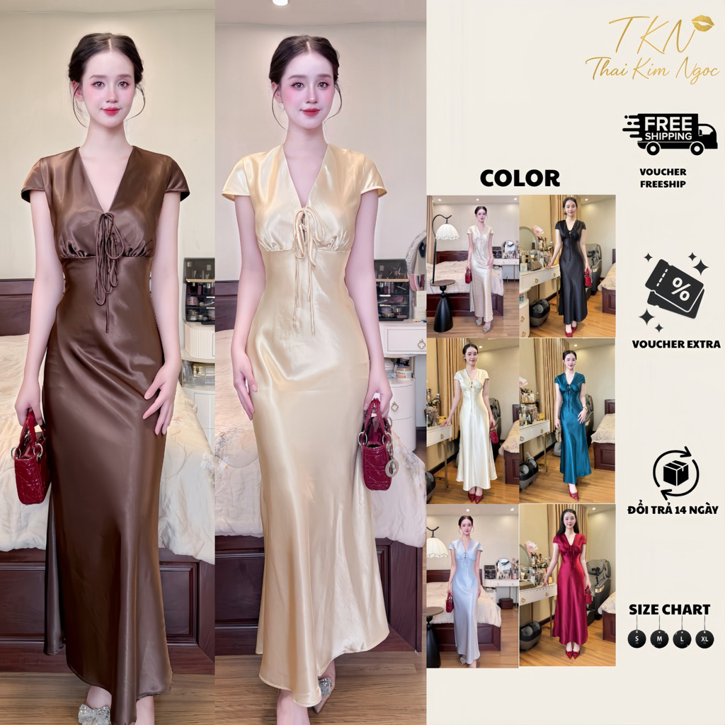 Đầm Dự Tiệc Lụa May 2 Lớp Cổ V tay Con Cột Nơ Ngực VELIA DRESS Dài 130cm
