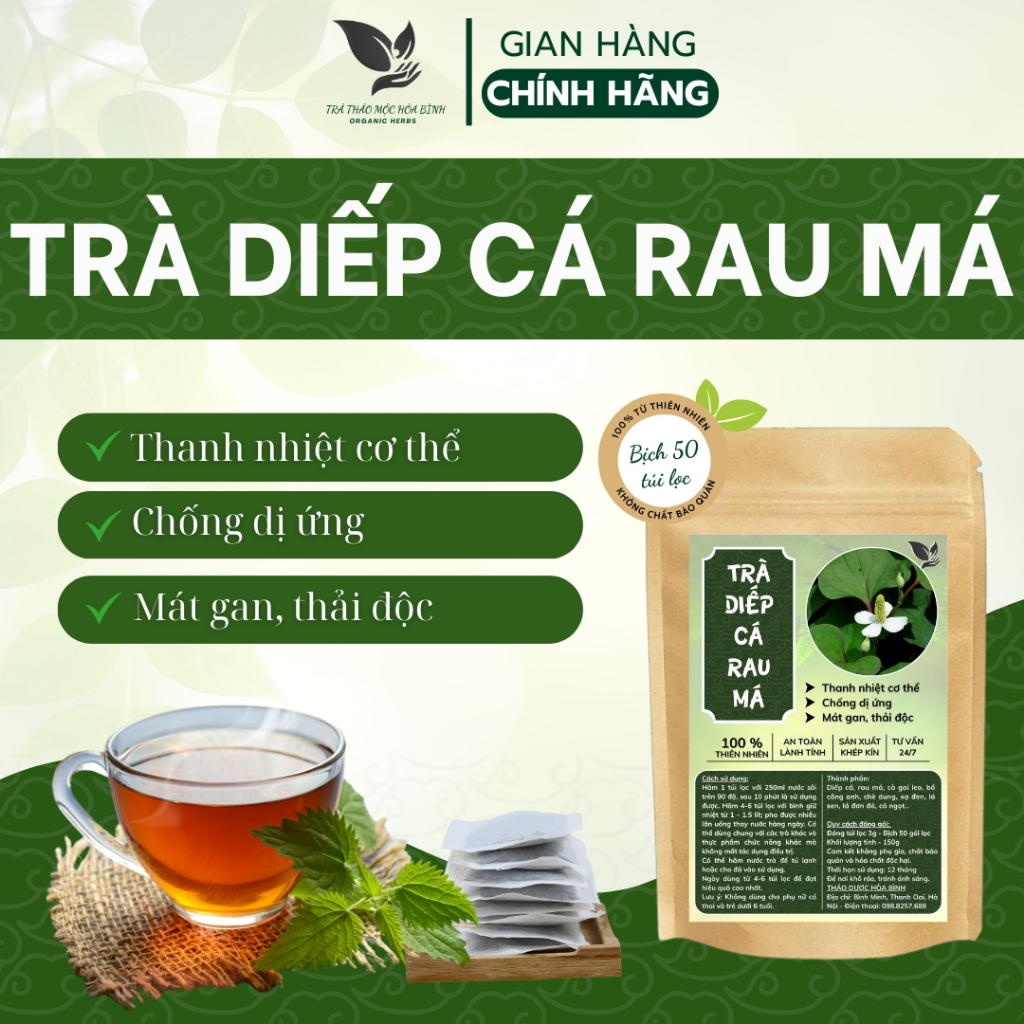 Hòa Bình Organic- Trà Diếp Cá,Rau Má. Giải độc gan,thanh nhiệt,tăng cường chức năng gan.Bịch 50 túi