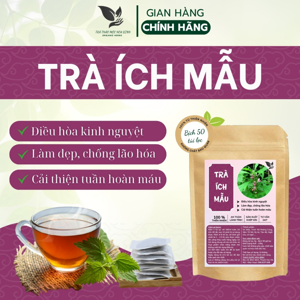 Hòa Bình Organic - Trà Túi Lọc Ích Mẫu, Ngải Cứu, Điều hòa nội tiết tố, điều trị rối loạn kinh nguyệt, chống lão hóa,