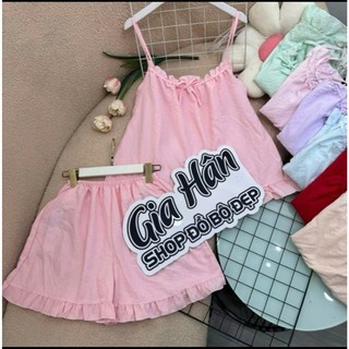(40-75kg) Set đồ bộ nữ mặc nhà 2 dây, sau lưng có thun co giãn, quần có túi, vải cotton hàn mát dễ thương