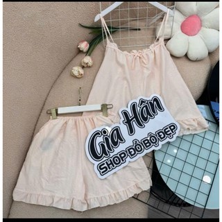 (40-75kg) Set đồ bộ nữ mặc nhà 2 dây, sau lưng có thun co giãn, quần có túi, vải cotton hàn mát dễ thương