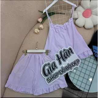 (40-75kg) Set đồ bộ nữ mặc nhà 2 dây, sau lưng có thun co giãn, quần có túi, vải cotton hàn mát dễ thương