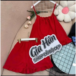 (40-75kg) Set đồ bộ nữ mặc nhà 2 dây, sau lưng có thun co giãn, quần có túi, vải cotton hàn mát dễ thương