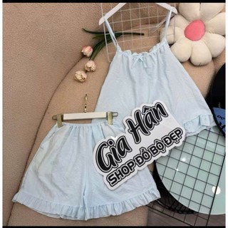(40-75kg) Set đồ bộ nữ mặc nhà 2 dây, sau lưng có thun co giãn, quần có túi, vải cotton hàn mát dễ thương