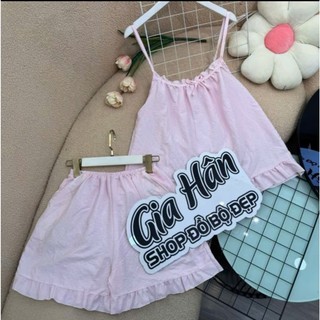 (40-75kg) Set đồ bộ nữ mặc nhà 2 dây, sau lưng có thun co giãn, quần có túi, vải cotton hàn mát dễ thương