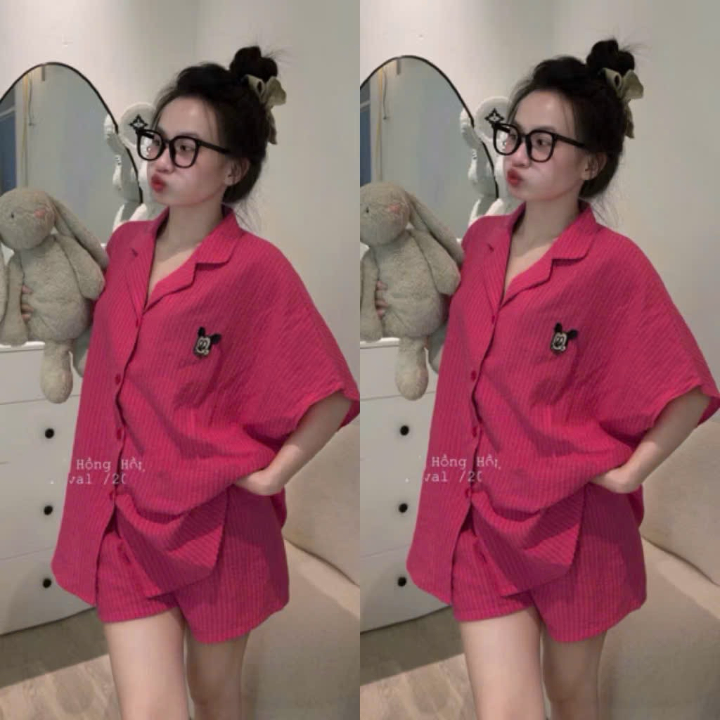 Set Bộ Nữ , Set Bộ Pijama Đũi Cổ v Phom Thụng