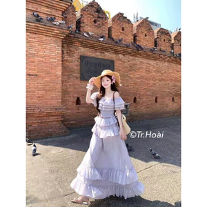 Set áo trễ vai chun bèo tầng chân váy maxi Đoàn Thương
