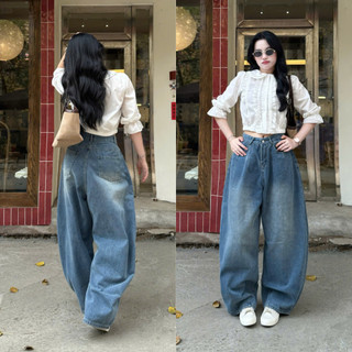 Quần jean suông unisex ống rộng màu wash, Quần jeans ống cong form rộng nam nữ phong cách bom màu wash retro