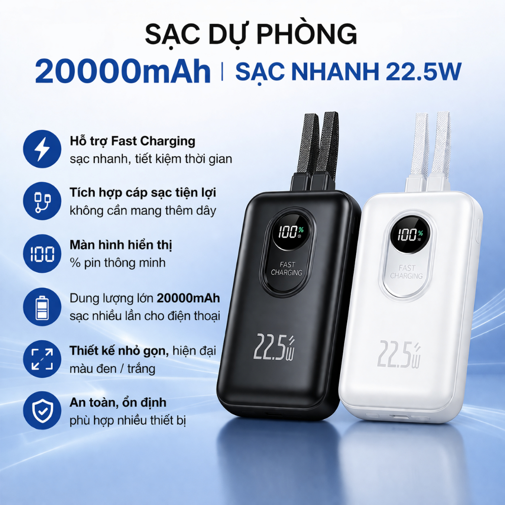 Sạc dự phòng 20000mah sạc nhanh 22.5W type-c sạc nhanh hỗ trợ sạc nhiều thiết bị cùng lúc