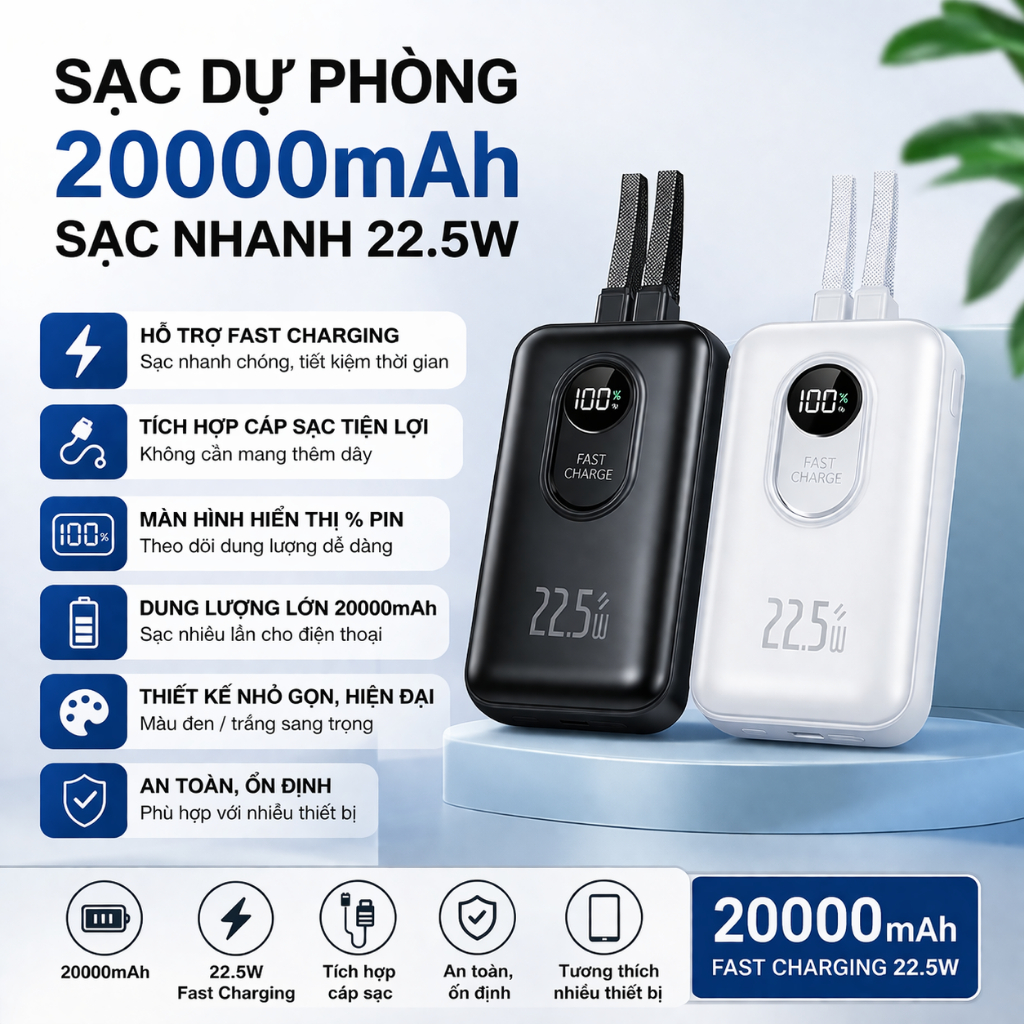 Sạc dự phòng 20000mah sạc nhanh 22.5W type c hỗ trợ sạc nhanh kèm 2 cáp