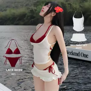 2Soonsumff Bộ đồ bơi cao cấp 4 mảnh, áo hai dây phối chân váy ngắn kèm bikini 2 mảnh buộc dây sexy phong cách Y2K