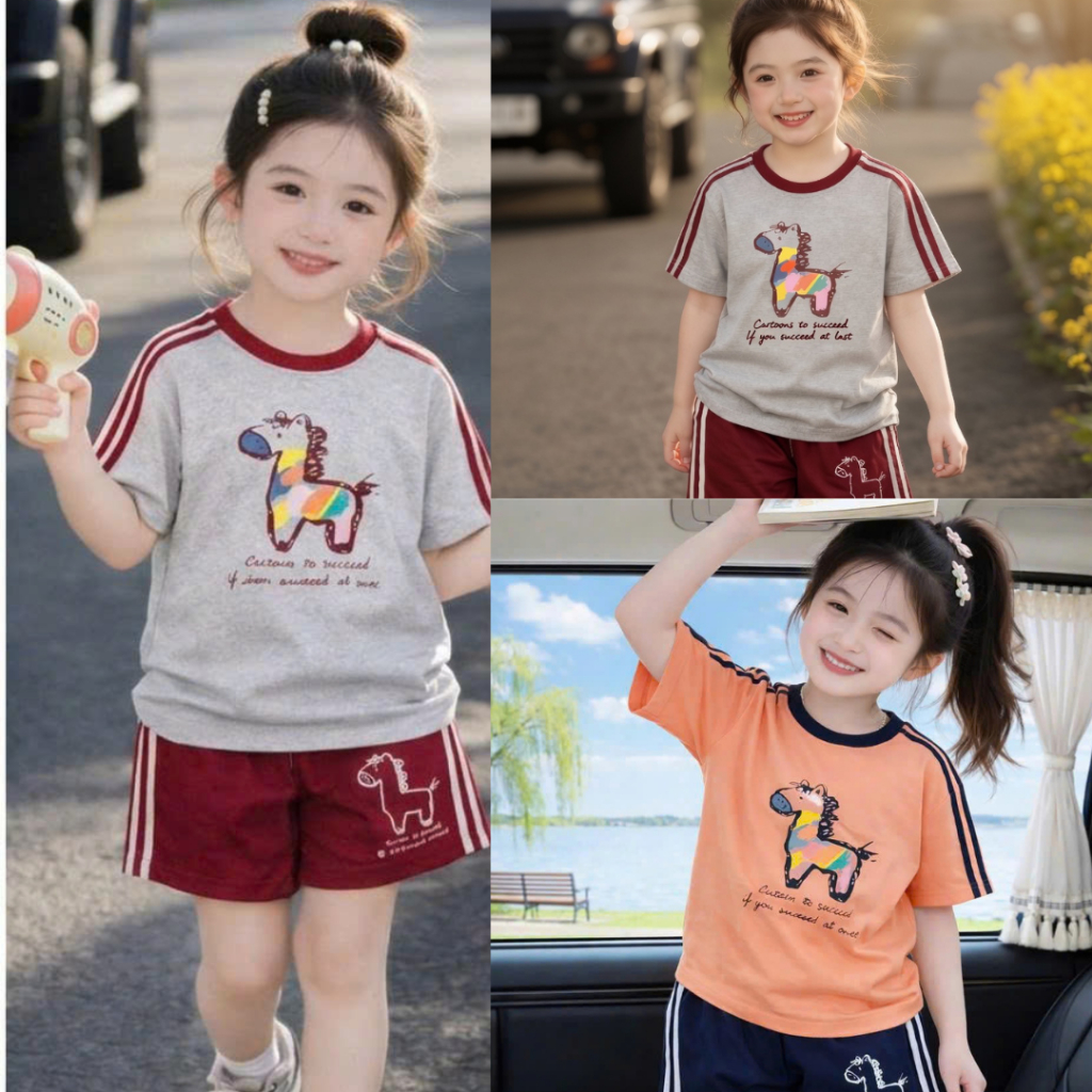 Bộ đồ bé gái in hình hươu dễ thương chất vải cotton tixi thấm hút mồ hôi dành cho bé gái size từ 13 - 38kg