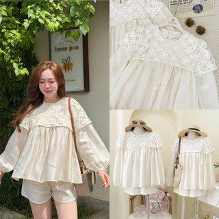 SEP House - Set đũi thô kem áo dáng babydoll tay bo dài cổ phối viền ren kèm quần ngắn lưng chun tiểu thư - Hàng loại 1