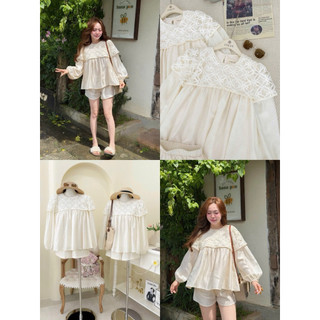 SEP House - Set đũi thô kem áo dáng babydoll tay bo dài cổ phối viền ren kèm quần ngắn lưng chun tiểu thư - Hàng loại 1