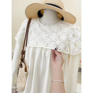 SEP House - Set đũi thô kem áo dáng babydoll tay bo dài cổ phối viền ren kèm quần ngắn lưng chun tiểu thư - Hàng loại 1