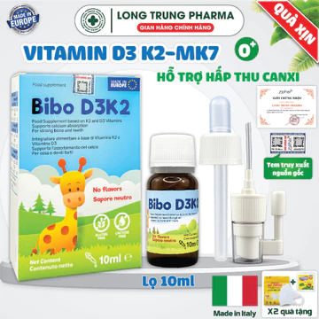 Bibo D3K2 Vitamin D3 K2-Mk7 Giúp Bé Hấp Thu Canxi, Hỗ Trợ Chiều Cao, Xương Răng Cho Bé Từ 0+ (Lọ 10ml xịt/nhỏ giọt)