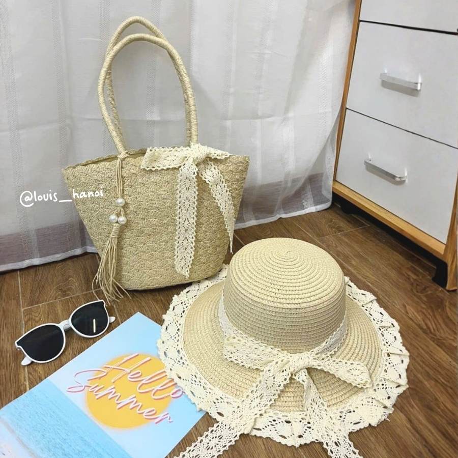 Set Mũ Cói Viền Ren + Túi Cói Vintage Có Khóa Kéo Size Vừa, Tua Rua Mix Ngọc Nơ Ren Đi Biển