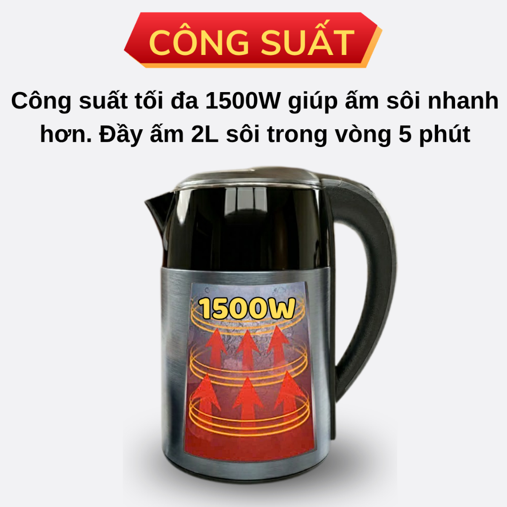 Ấm siêu tốc Gropa dung tích 2L, ấm đun nước công suất 1500W sôi nhanh sau 5 phút, tự ngắt khi sôi