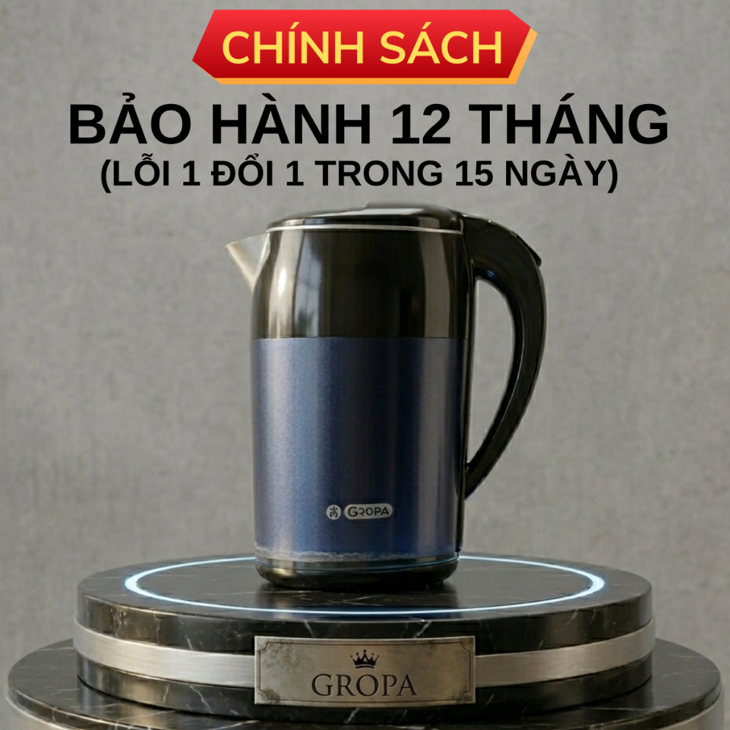 Ấm siêu tốc Gropa dung tích 2L, ấm đun nước công suất 1500W sôi nhanh sau 5 phút, tự ngắt khi sôi