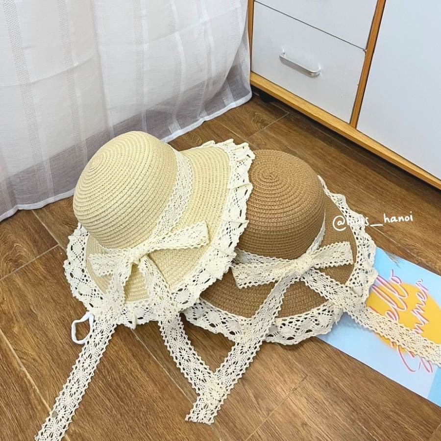 Set Mũ Cói Viền Ren + Túi Cói Vintage Có Khóa Kéo Size Vừa, Tua Rua Mix Ngọc Nơ Ren Đi Biển
