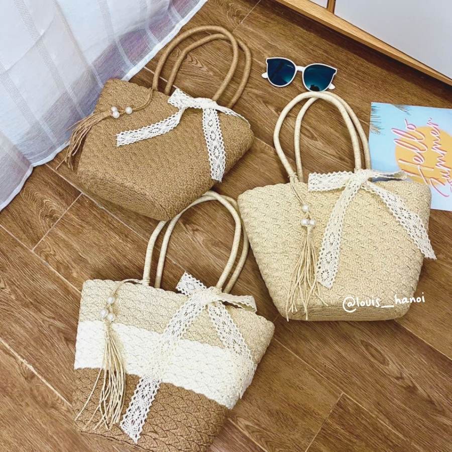 Set Mũ Cói Viền Ren + Túi Cói Vintage Có Khóa Kéo Size Vừa, Tua Rua Mix Ngọc Nơ Ren Đi Biển