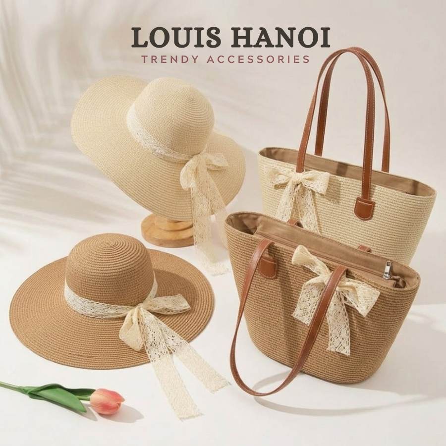 Set Mũ Nón Cói Đi Biển Rộng Vành + Túi Cói Có Khóa Kéo Size To Cao Cấp Sang Xinh Cho Nữ (Nhiều Mẫu)