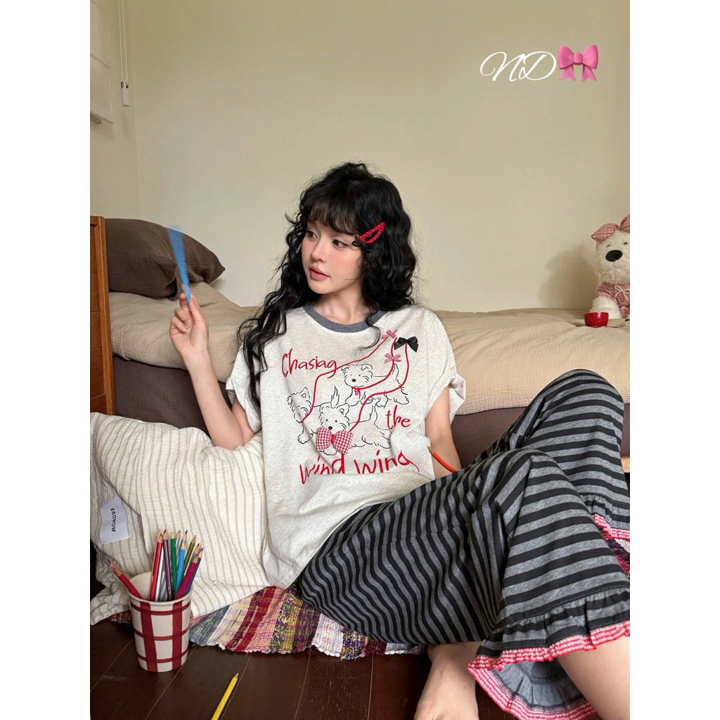 Set bộ cotton Gill áo cún + quần kẻ QCCC