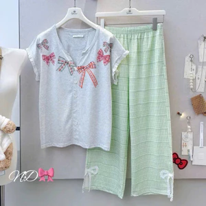 Set bộ cotton Gill áo nơ + quần kẻ xanh QCCC