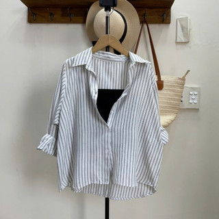 Set 2 Món Bigsize Nữ Áo Sơ Mi Kẻ Sọc Tay Dài Kèm Áo Hai Dây Cho Chubby A328+G118