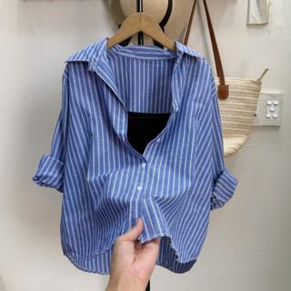 Set 2 Món Bigsize Nữ Áo Sơ Mi Kẻ Sọc Tay Dài Kèm Áo Hai Dây Cho Chubby A328+G118