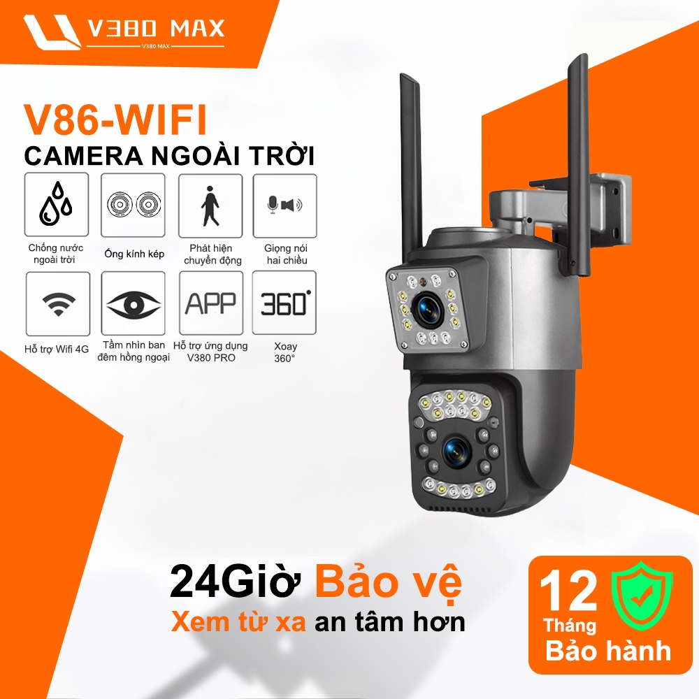 camera Wifi 2 mắt Ngoài trời chống nước 360 trong nhà ống kính kép V380 MAX 1080P HD Tầm nhìn ban đêm hồng ngoại