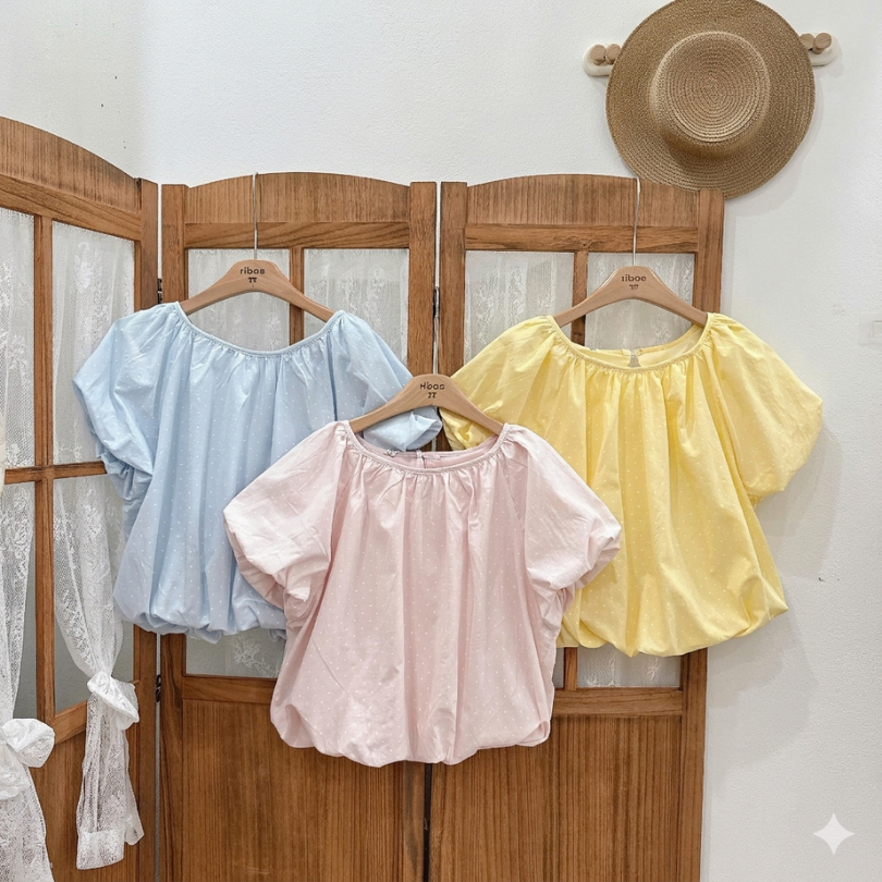 Áo babydoll thô  chấm bi cổ tròn tay bồng gấu phồng bí Tấm A122