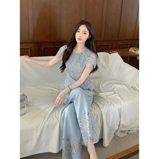 Set bộ nữ áo ren hoa cổ ngọc trai mix quần suông phối ren HB.Studio S116
