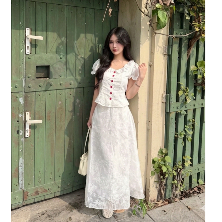 Áo hoa xô nổi viền bèo phối cúc đỏ xinh xắn MUZA A83