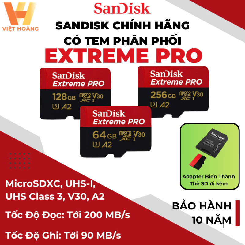 [CHÍNH HÃNG- CÓ ADAPTER] Thẻ Nhớ Micro-SDXC SanDisk Extreme Pro V30 A2 64G/ 128G/ 256G 200MB/s - BH 10 Năm