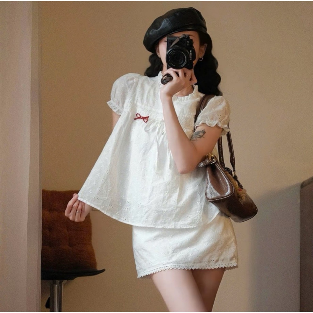 Set babydoll thô boi 2 lớp, áo tay bồng thắt nơ kèm chân váy A siêu xinh TẤM S62