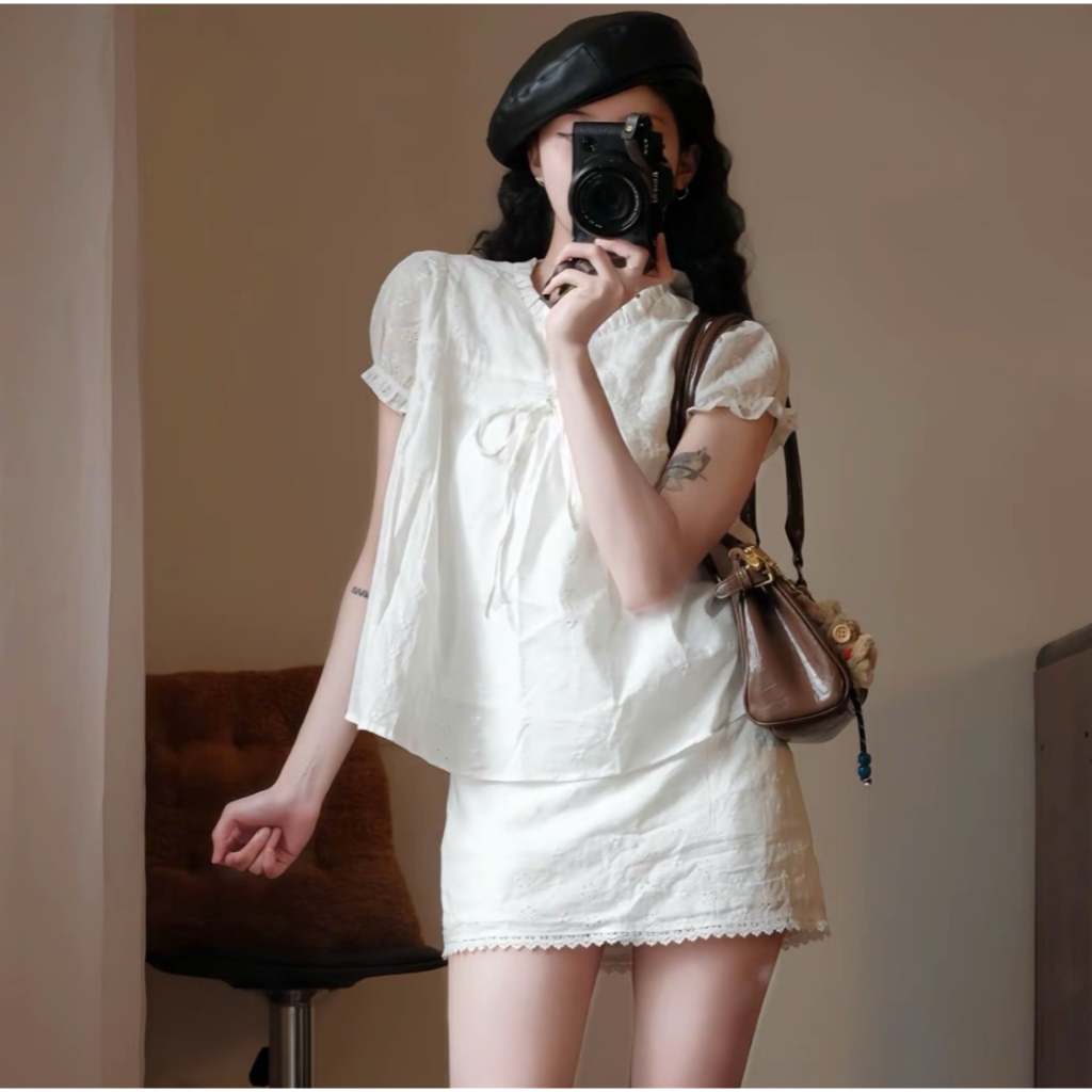Set babydoll thô boi 2 lớp, áo tay bồng thắt nơ kèm chân váy A siêu xinh TẤM S62